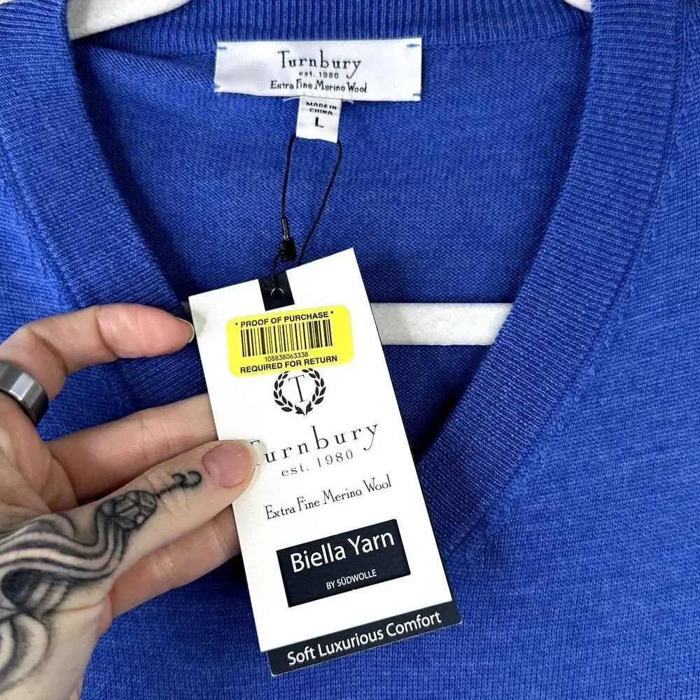 NEW Turnbury Men's Extra Fine Merino Wool Blue Biella Yarn V-Neck Sweater Large